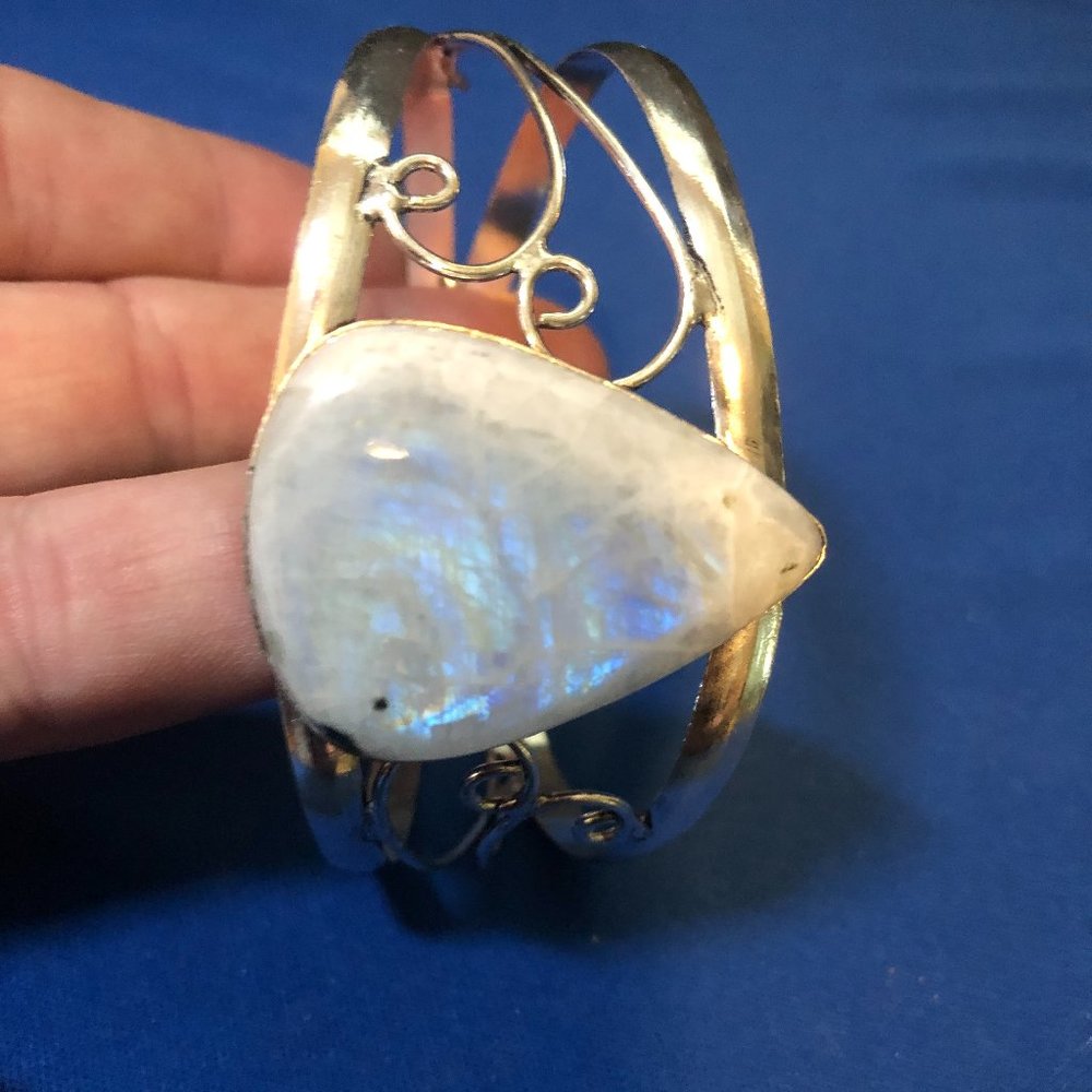 Huge Gemstone Rainbow Moonstone 925 Stamped Bracelet with ADJ. band.
